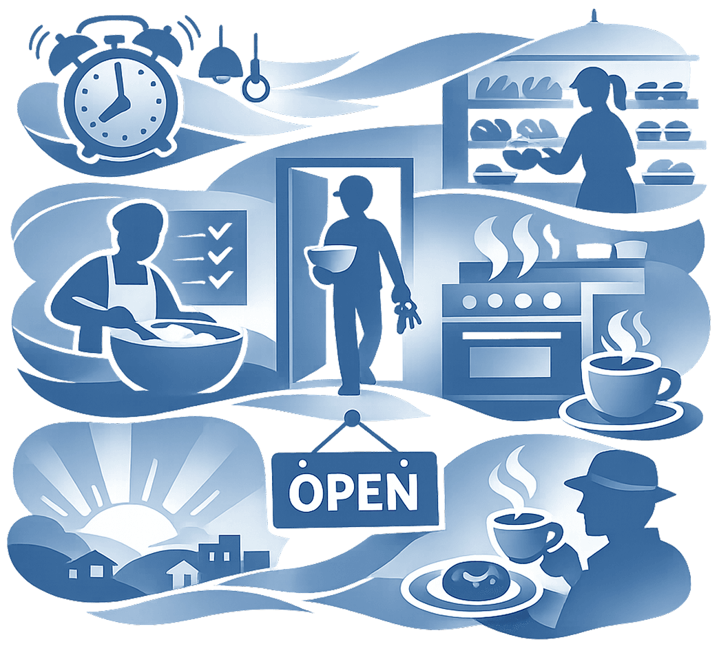 Illustration of a small bakery preparing to open before sunrise