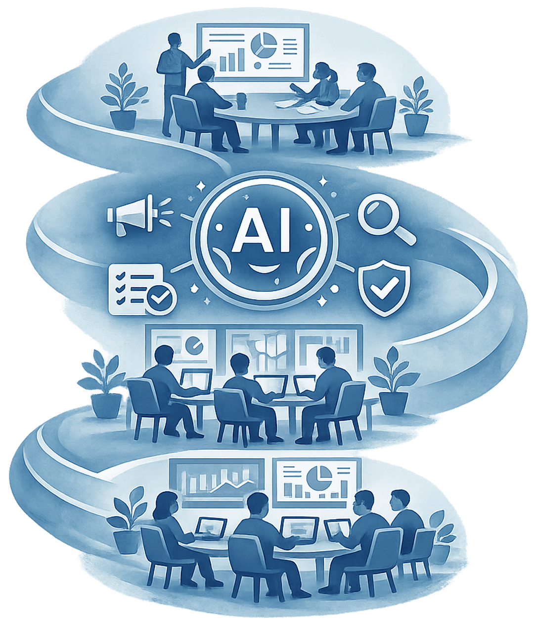 Illustration of one person directing a compact AI-enabled enterprise